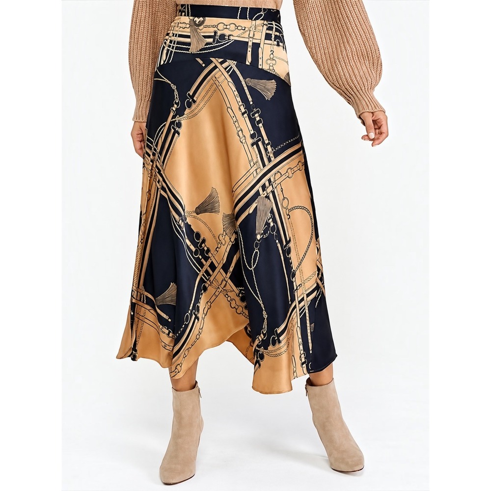 ANN TAYLOR Equestrian Chain Tassel Print Satin Midi Skirt